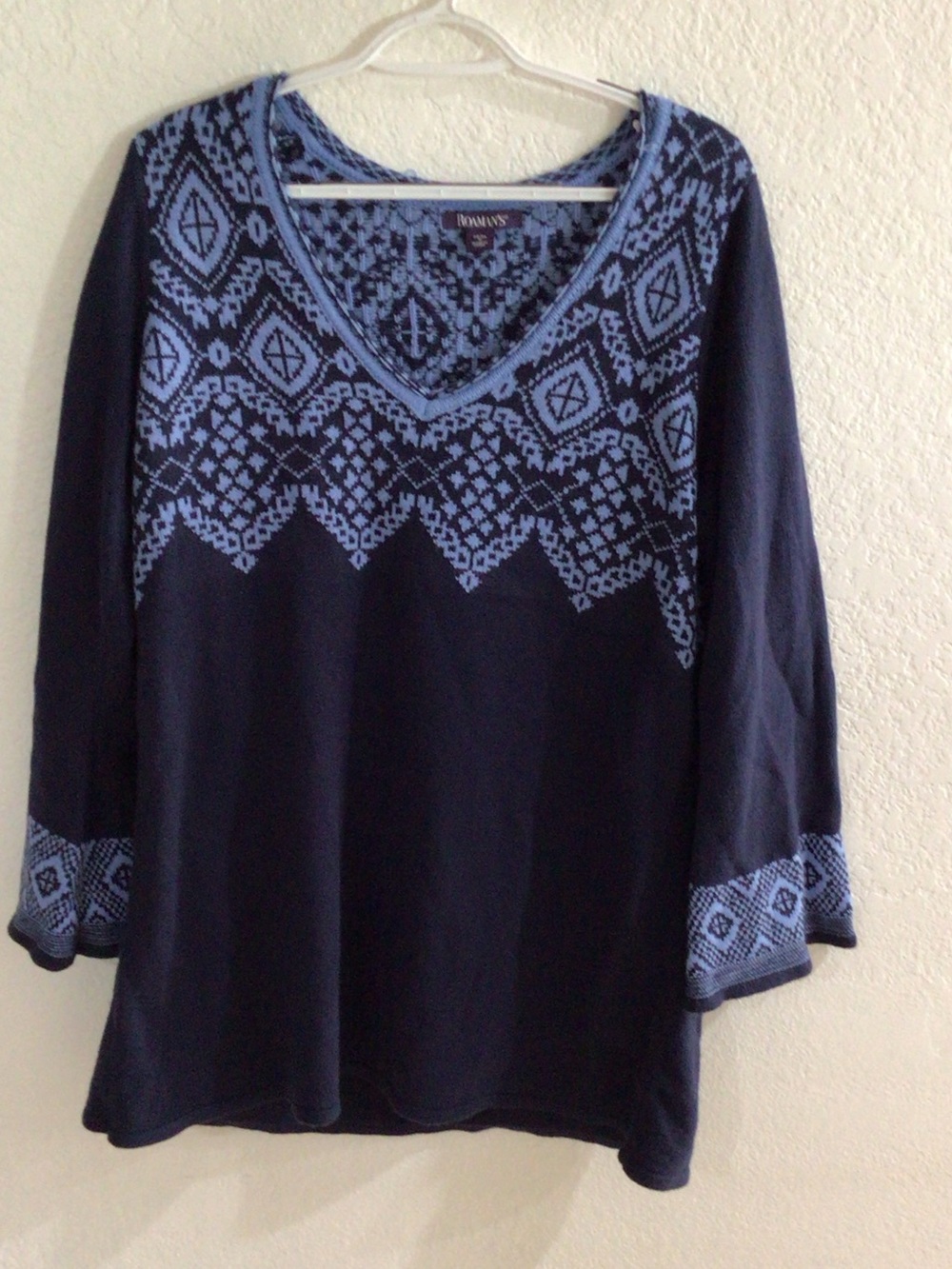 Roaman's Blue Fair Isle Nordic V-Neck Knit Sweater Plus Size
